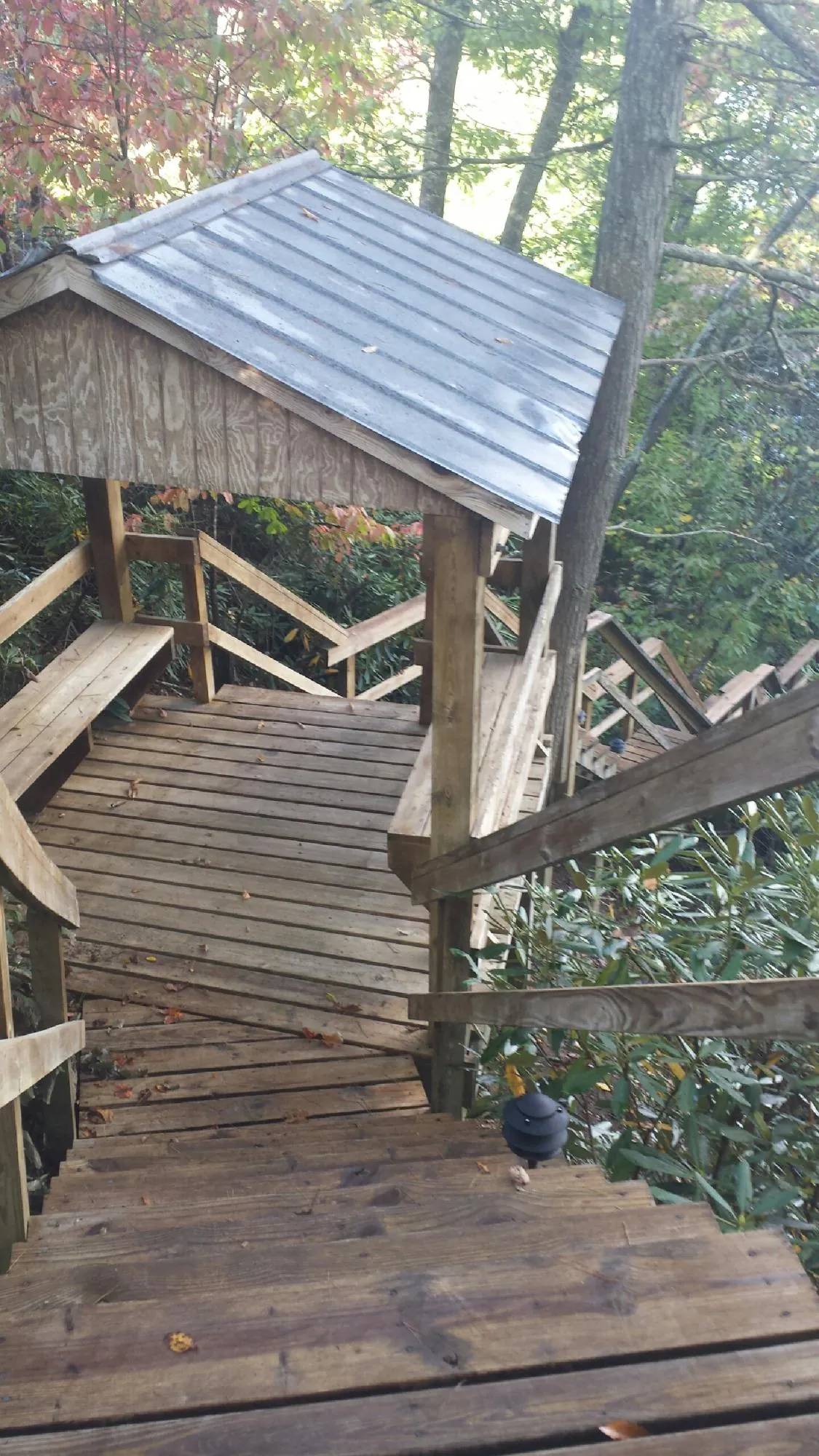 Metal roofed shelter over wooden steps on a wooded walkway — Skylight Repair & Installation work by our crew in Norwood Young America